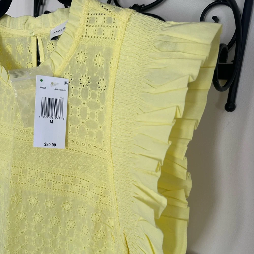 English Factory Yellow Lace Eyelet Blouse Ruffle Sleeves keyhole opening NWT - Picture 5 of 7